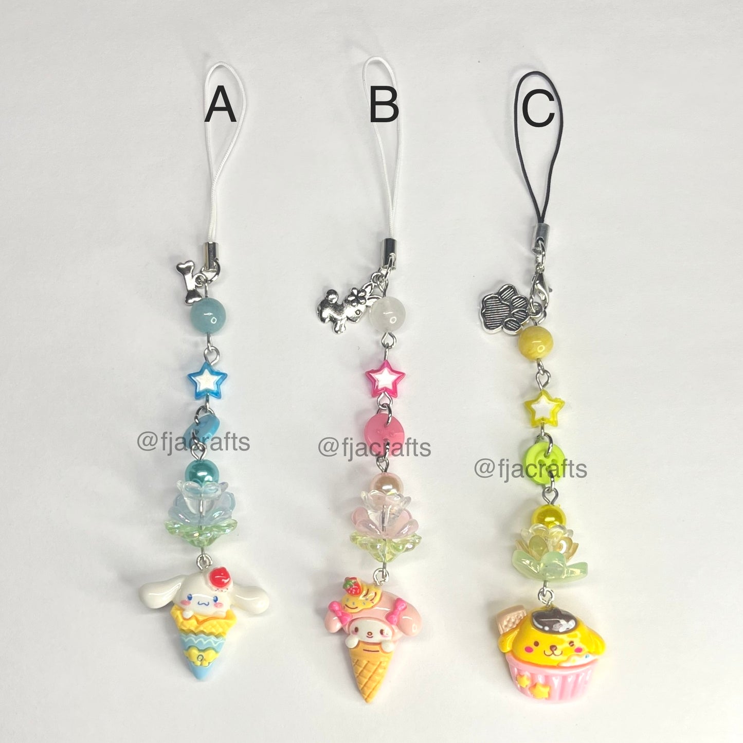 Kawaii Friends Character Dessert Beaded Phone Charm | pink, green, blue, purple, yellow | food, cute, flowers, pom, kitty, romi, melody, cinna FJA Crafts