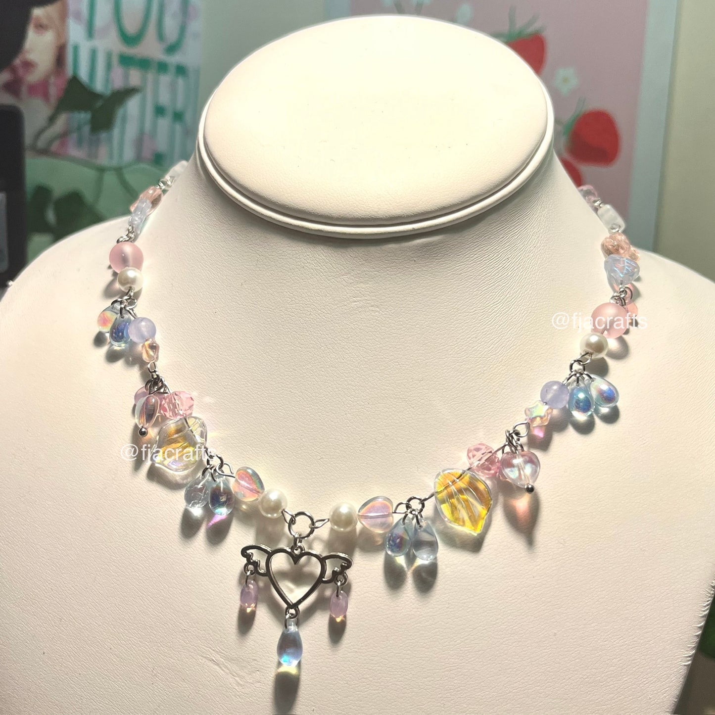 Love Bug Clutter Necklace | jiggly, heart, wing | purple, pink, clear, pearls FJA Crafts