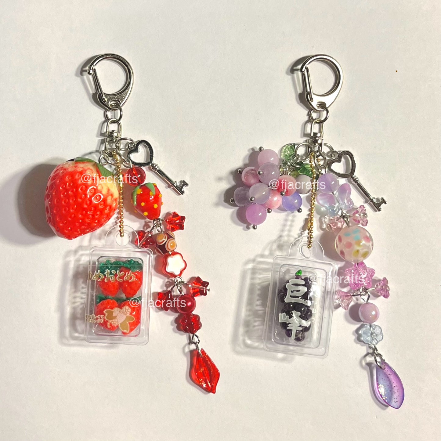 Strawberry & Grape Cute Kawaii Beaded Clutter Mini Squishy Crate Keychain Bag Clip | red, purple, flowers, stars FJA Crafts