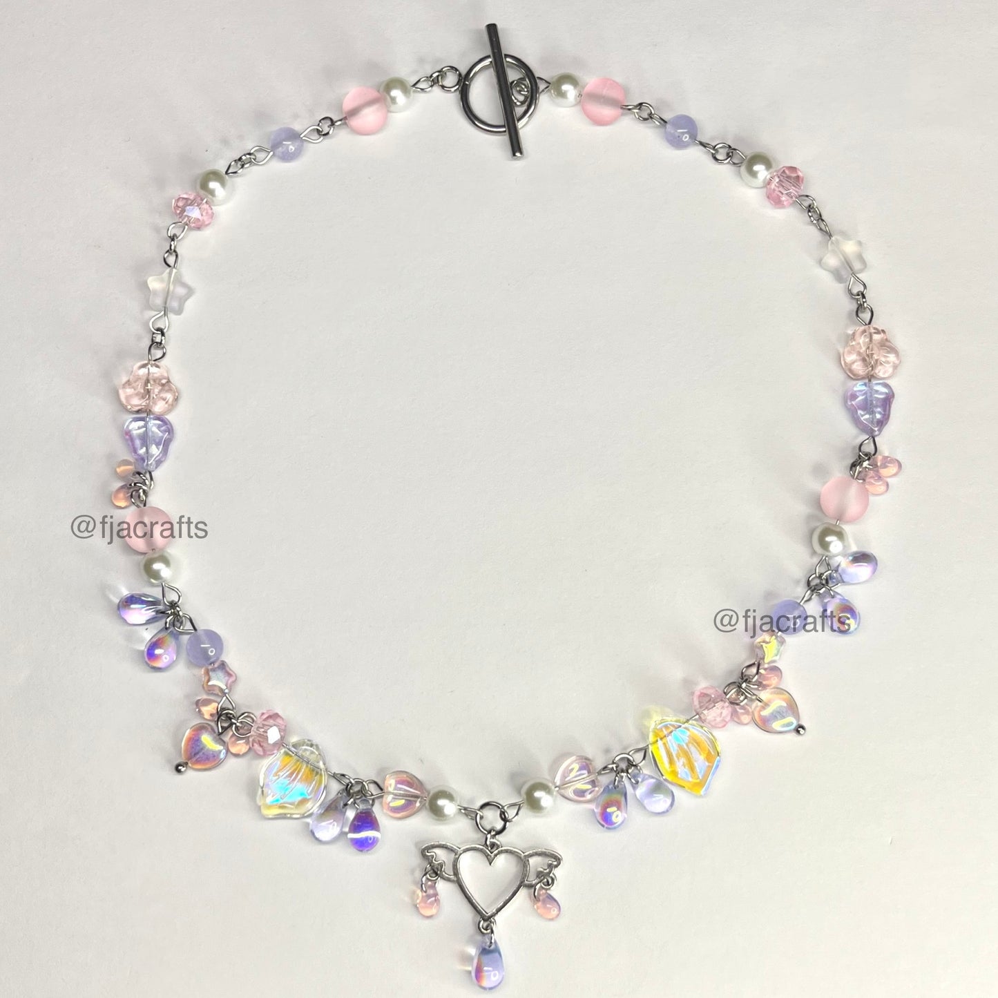 Love Bug Clutter Necklace | jiggly, heart, wing | purple, pink, clear, pearls FJA Crafts
