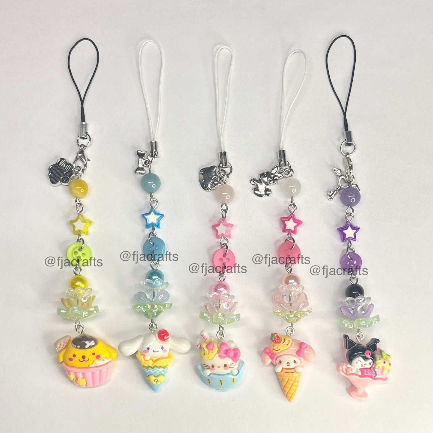 Kawaii Friends Character Dessert Beaded Phone Charm | pink, green, blue, purple, yellow | food, cute, flowers, pom, kitty, romi, melody, cinna FJA Crafts