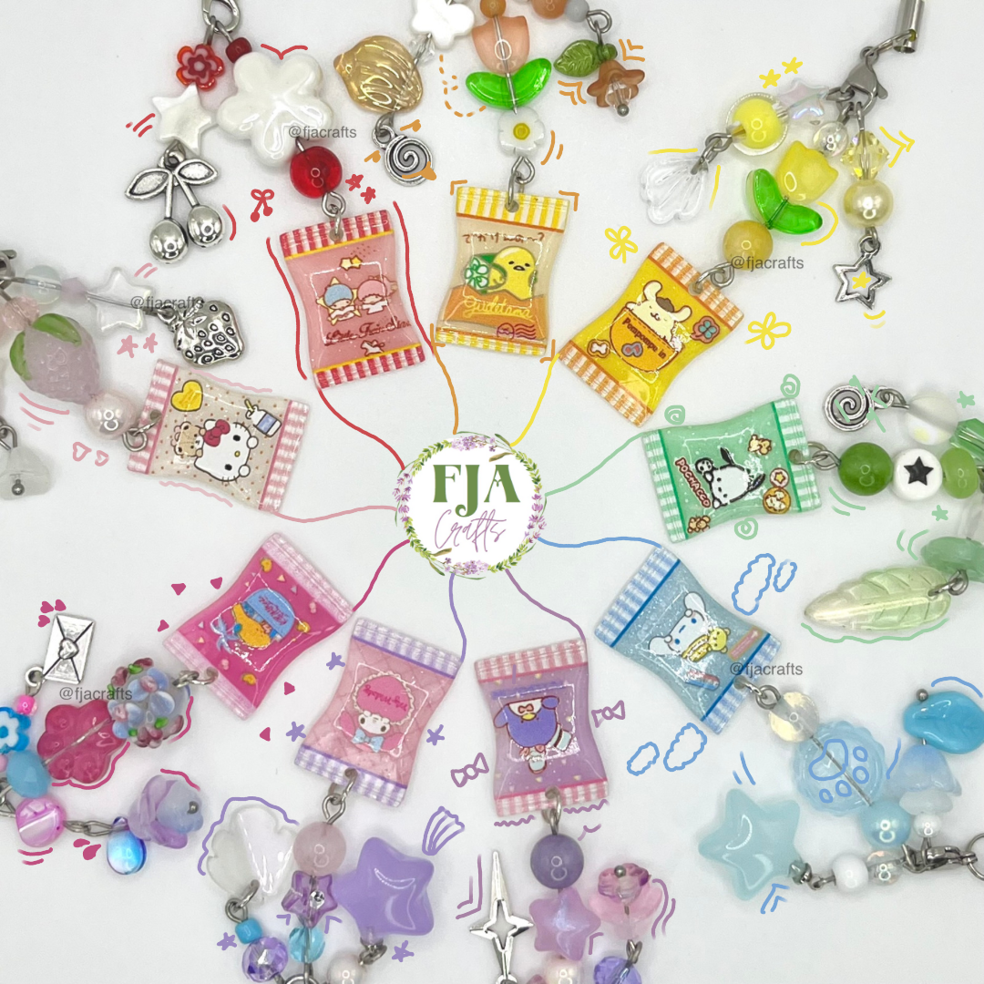 Kawaii Friends Characters Phone Charms | rainbow, red, pink, blue, purple FJA Crafts